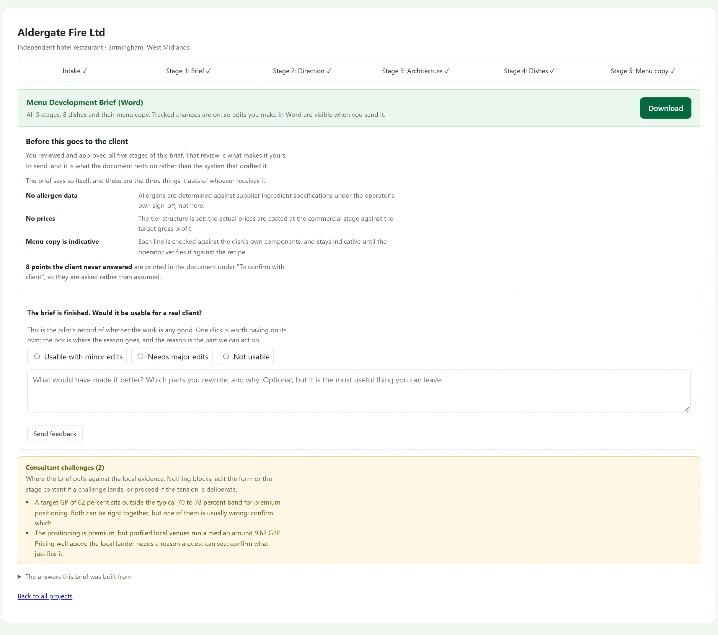 The app's project page for a fictional client: all five stages ticked, a Word download, the brief's three stated exclusions, a usability feedback form and two consultant challenges.