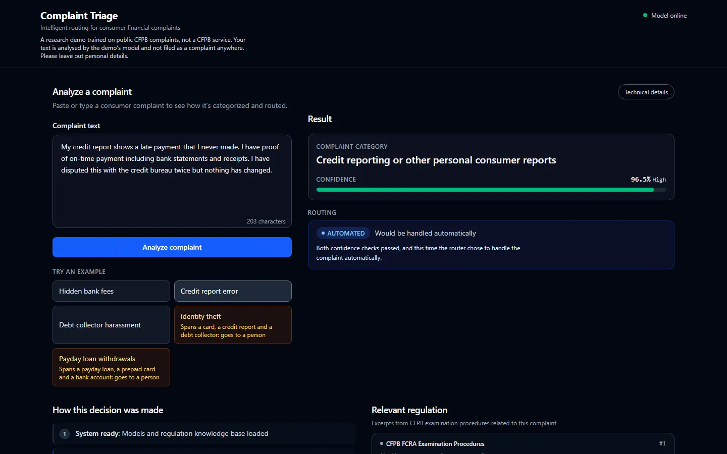 The Complaint Triage app classifying a credit-report complaint with 96.5% confidence and showing it would be handled automatically, next to the example complaints, two of which go to a person.